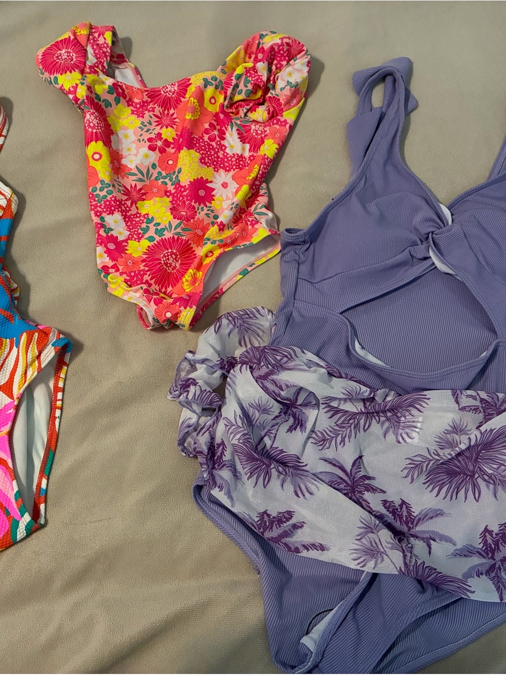 Betsey Johnson Pink Floral, Lavender One-Piece, Hot Pink Palm Suits.